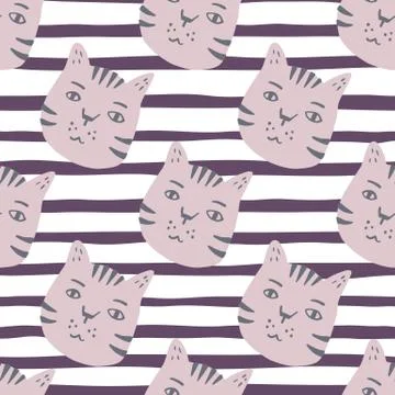 Cat seamless pattern. Purple pets faces on white background with strips. Styl Stock Illustration
