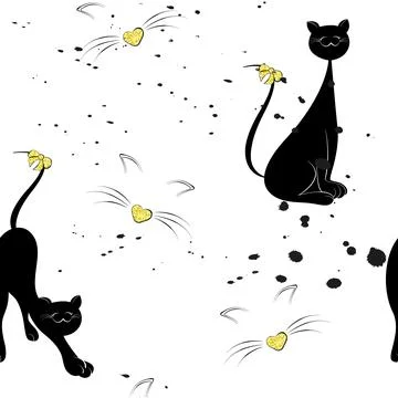 Cat seamless pattern. Snout and cartoon caricature cat. Gold glitter. Stock Illustration