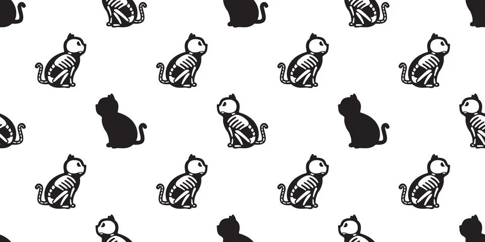 Cat seamless vector Halloween pattern isolated cat Skull skeleton bone Ghost Stock Illustration
