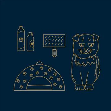 A cat set with accessories for pets. Illustrations in a doodle line with toys Stock Illustration