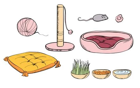 A cat set for cute kittens, soft pillows and accessories for games and sleep. Illustrazione stock