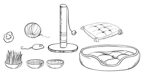A cat set with cute kittens, soft pillows and accessories for games. Illustrazione stock