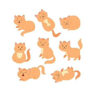 Cat set in different poses. Cute ginger cat character in cartoon style, vector Stock Illustration