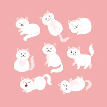 Cat set in different poses. Cute white cat character in cartoon style, vector 库存插图