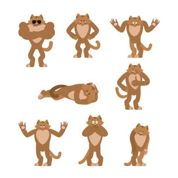 Cat set poses. Pet happy and yoga. Kitty sleeping and angry. guilty and sad.  Stock Illustration