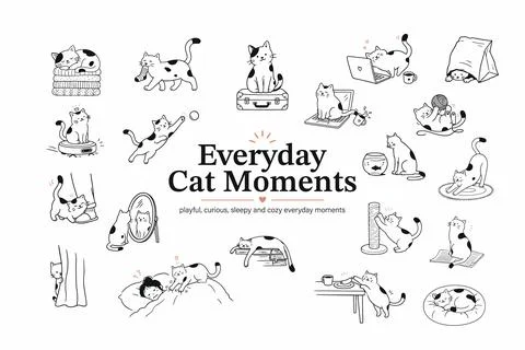 Cat Set, Vector Illustration. Cute Cat Set. Hand Drawn Cat Clipart Collection Ilustração Stock