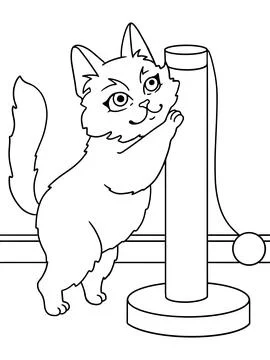 The cat sharpens its claws on the scratching post. Vector coloring. Stock Illustration