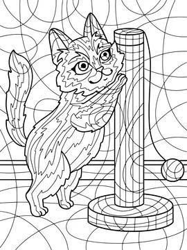 The cat sharpens its claws on the scratching post. Antistress for children and Stock Illustration