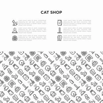 Cat shop concept with thin line icons: bags for transportation, hygiene Illustrazione stock