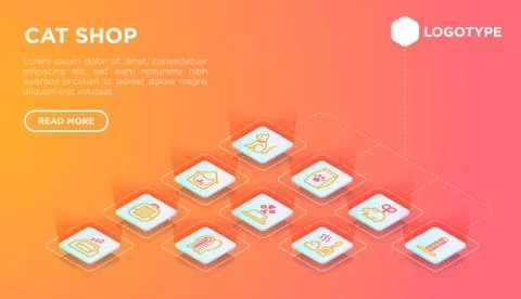 Cat shop web page template with thin line isometric icons Stock Illustration