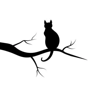 Cat Silhouette on a Tree Branch Vector Illustration Stock Illustration