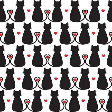 Cat silhouettes with hearts seamless vector pattern Stock Illustration