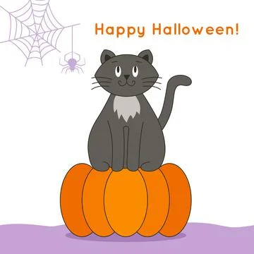 Cat sits on a pumpkin text Happy Halloween on top Stock Illustration