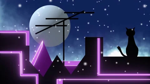 A cat sits on a rooftop against a moonlit night sky. Snowfall. Stock Footage 238523711