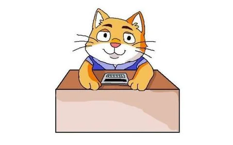 Cat sits at the table with a calculator. An office worker. Stock Illustration
