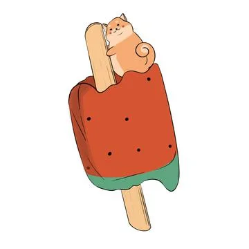 The cat sits on top of a large ice cream and eats it with pleasure イラスト素材