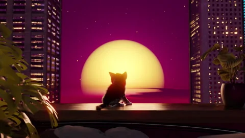 The cat is sitting on the balcony at sunset. Seamless looped 3d stylized Stock Footage 247372252
