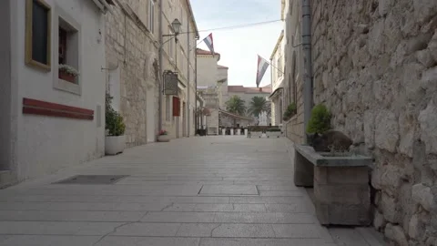 Cat sitting on bench of empty street in Rab, Croatia. Coronavirus hits tourism. Stock Footage 142070601