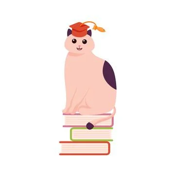 Cat sitting on books flat vector illustration. Domestic animal simple cartoon Stock Illustration