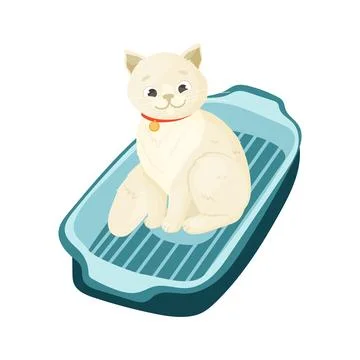 Cat sitting in cat litter box. Stock Illustration