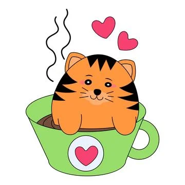 Cat sitting in coffee mug hot drink tea cup vector illustration isolated white Stock Illustration