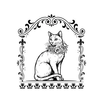 Cat sitting with a floral collar inside an ornate decorative frame with lil.. Stock Illustration