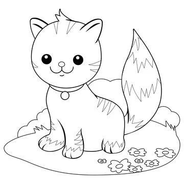Cat sitting on the grass. Vector black and white coloring page. Stock Illustration