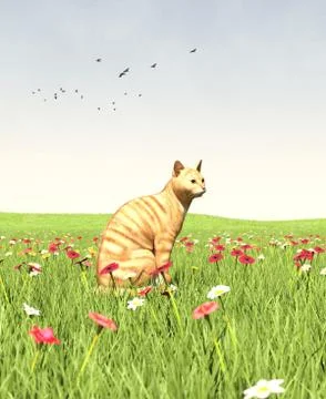Cat sitting in green fields Stock Illustration