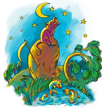 Cat sitting on a haystack at night. Freehand drawing Illustrazione stock