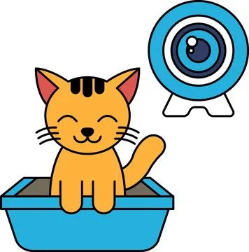 A cat is sitting in a litter box with a camera behind it Stock Illustration
