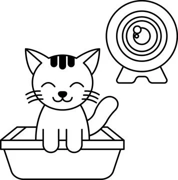 A cat is sitting in a litter box with a camera behind it Stock Illustration