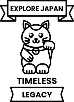 A cat is sitting on a poster that says Explore Japan and Timeless Legacy Stock Illustration