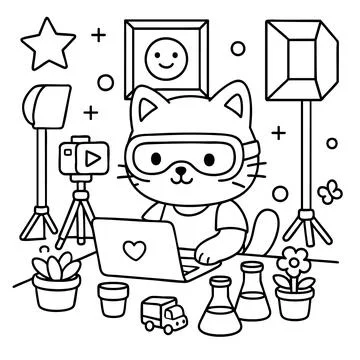 A cat is sitting at a table and is using a laptop computer device Stockillustratie