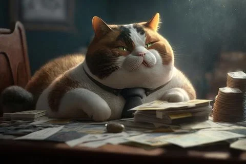 A cat sitting on a table with stacks of money and stacks of coins on the ta.. イラスト素材