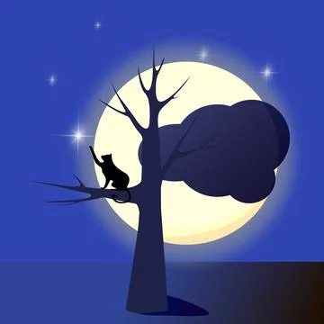 A cat sitting on a tree and catching a star against the backdrop of a huge .. Stock Illustration