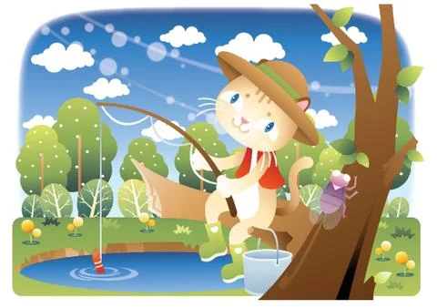 Cat Sitting On Tree Branch And Fishing Stockillustratie