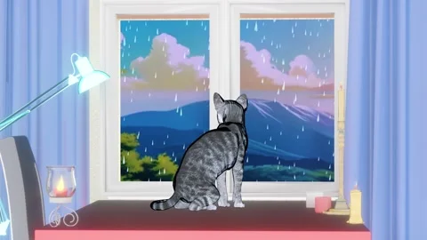 A cat sitting on the window looking at the rain in the city style of anime Stock-Footage 262859379