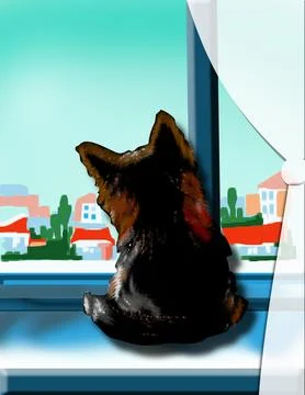 Cat sitting on window sill looking at city view 스톡 일러스트
