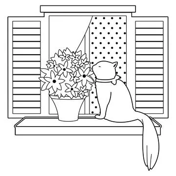 Cat sitting on a window sill. Vector black and white coloring page Stock Illustration