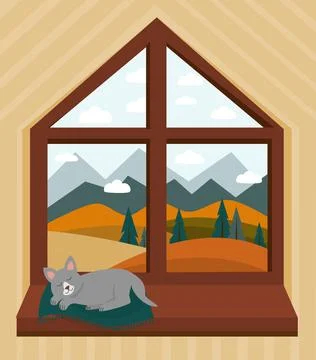 Cat is sitting on windowsill. Autumn window view Stock Illustration