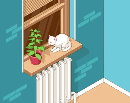 Cat is sitting on windowsill by window next to a house plant Stock-Illustration