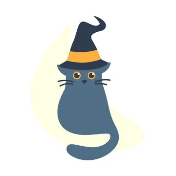 Cat is sitting in witch hat. Cute gray kitten wizard. Magical feline animal Stock Illustration