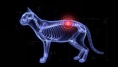 Cat skeleton xray with highlighted red pain point on spine medical diagnosis. Stock Illustration