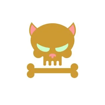 Cat skull with bones. Head skeleton of a kitty. Logo, emblem for Halloween. B Stock Illustration