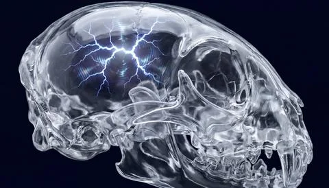 Cat skull with electric lightning storm inside brain abstract science concept Stock Illustration