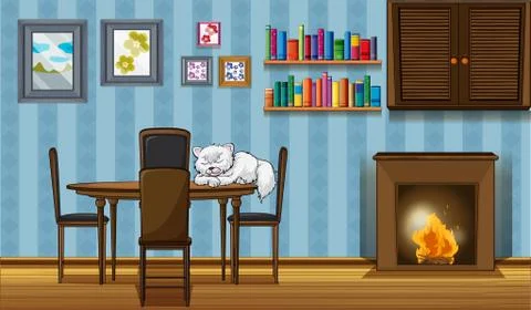 A cat sleeping above the table beside the fireplace Stock Illustration