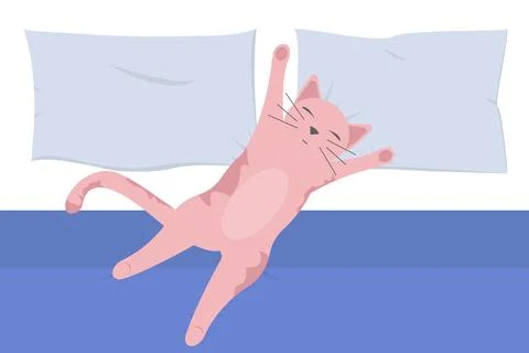 Cat sleeping on bed. Cute pink pet sleeps at home on pillows. Stock Illustration