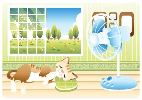 Cat Sleeping Next To A Table Fan Stock-Illustration