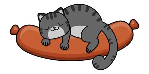 The cat is sleeping on the sausage. The cat is hugging a sausage. Baby stickers Illustration