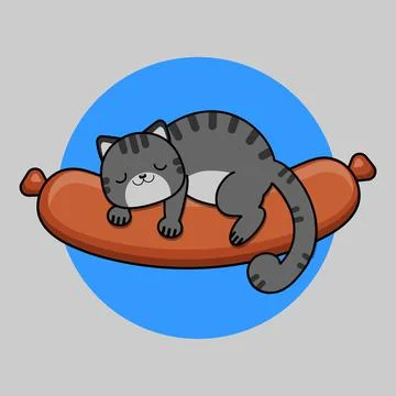 The cat is sleeping on the sausage. Sleeping gray cat and sausage. Vector イラスト素材